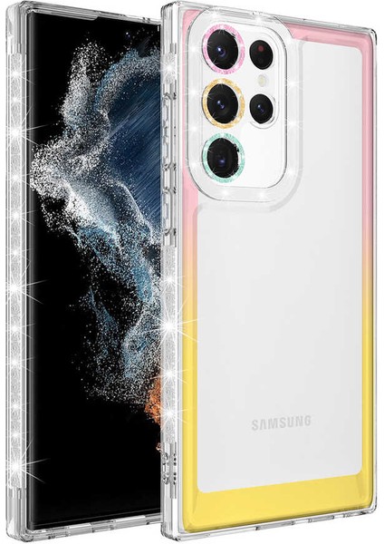 Samsung Galaxy S22 Ultra Kılıf Simli ve Renk Geçiş Tasarımlı Lens Korumalı Park Kapak - Pembe - Sarı