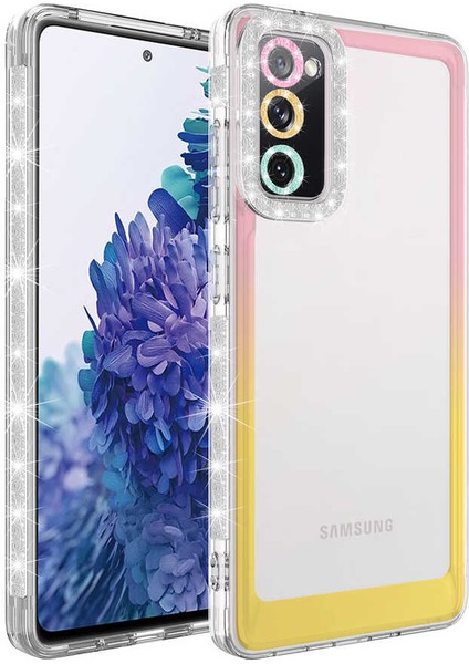 Samsung Galaxy S20 Fe Kılıf Simli ve Renk Geçiş Tasarımlı Lens Korumalı Park Kapak - Pembe - Sarı