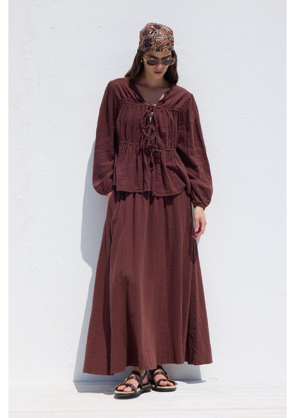 Bağlama Detaylı Müslin Bluz Bordo