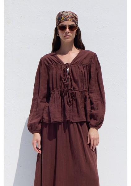 Bağlama Detaylı Müslin Bluz Bordo
