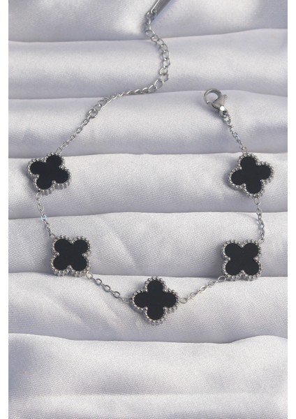 316L Çelik Gümüş Renk Siyah Mineli Yonca Bileklik - EBJ240822W26838