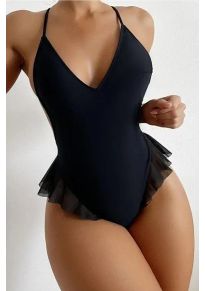 Bscitirstore Siyah Fırfırlı Bodysuit Özel Tasarım Fileli