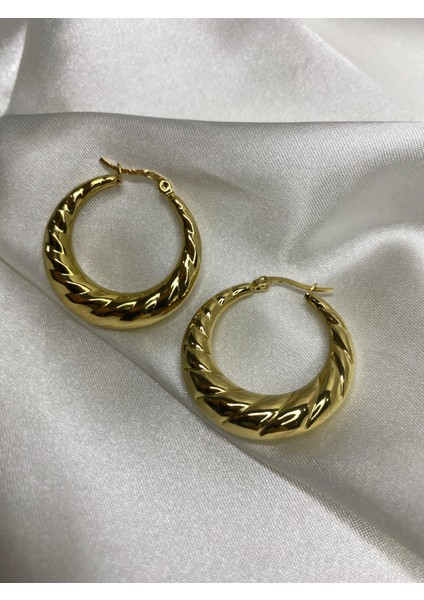 Kübra Uyan Jewelry Çelik Küpe Burgu Model Kalın Halka Gold Renk Kadın Küpe