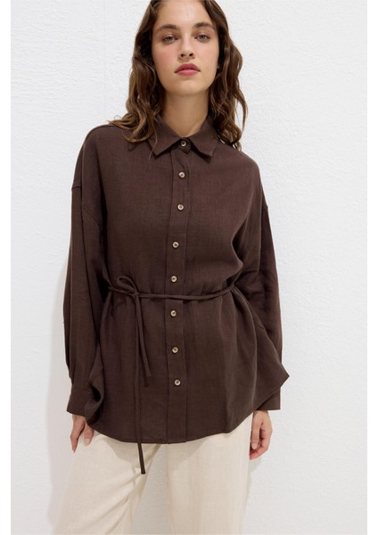 Keten Oversıze Düğmeli Gömlek Acı Kahve