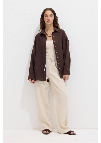 Keten Oversıze Düğmeli Gömlek Acı Kahve fiyatları