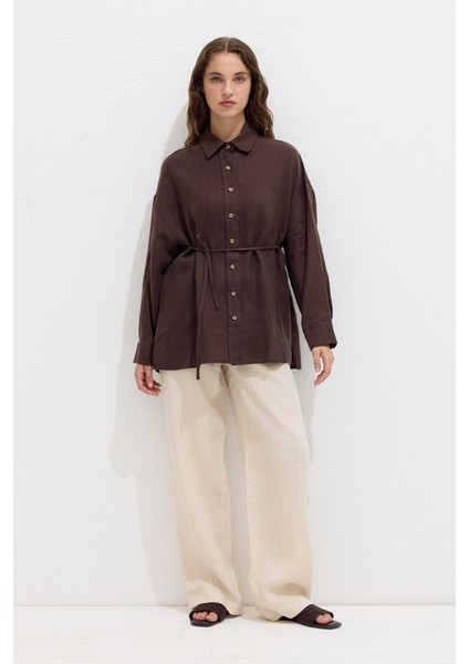 Keten Oversıze Düğmeli Gömlek Acı Kahve modelleri