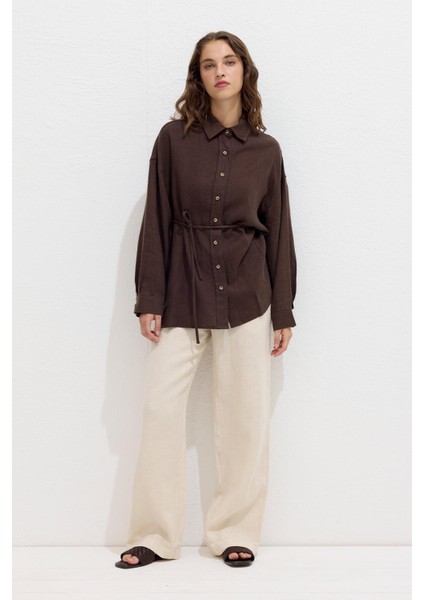 Keten Oversıze Düğmeli Gömlek Acı Kahve fırsatları