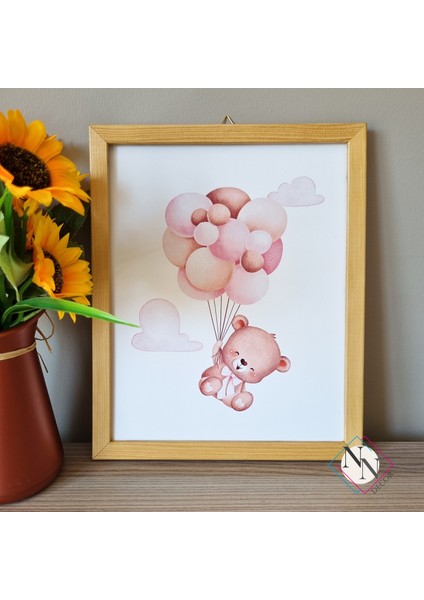 Oyuncak Ayı Ve Gökyüzü Temalı 3'Lü Set - Pembe - Ahşap Çerçeveli, Bebek Ve Çocuk Odası Tablo Seti