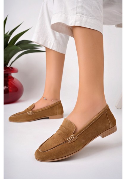 Kadın Deri Süet Camel Babet