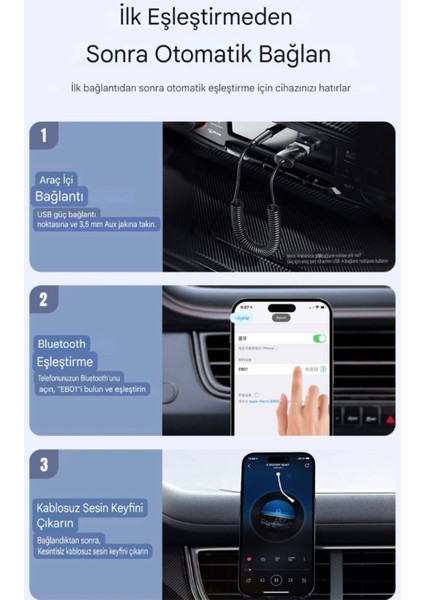 EB01 Yeni Nesil Bluetooth 5.0 Aux 3.5 mm Araç Kiti Şık Tasarım Hızlı Son Nesil Teknoloji Yeni Nesil Hi-Fi Ses Navigasyon Arama Müzik