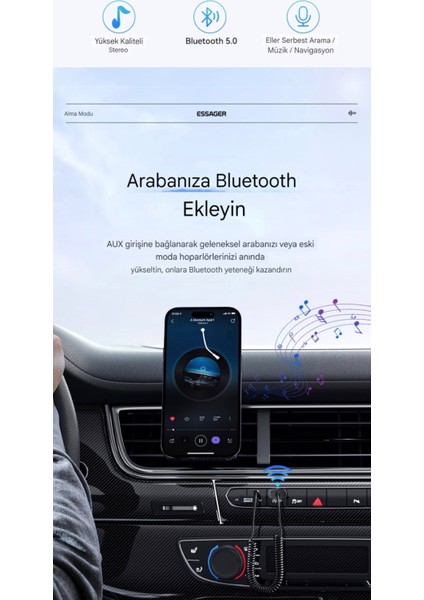 EB01 Yeni Nesil Bluetooth 5.0 Aux 3.5 mm Araç Kiti Şık Tasarım Hızlı Son Nesil Teknoloji Yeni Nesil Hi-Fi Ses Navigasyon Arama Müzik