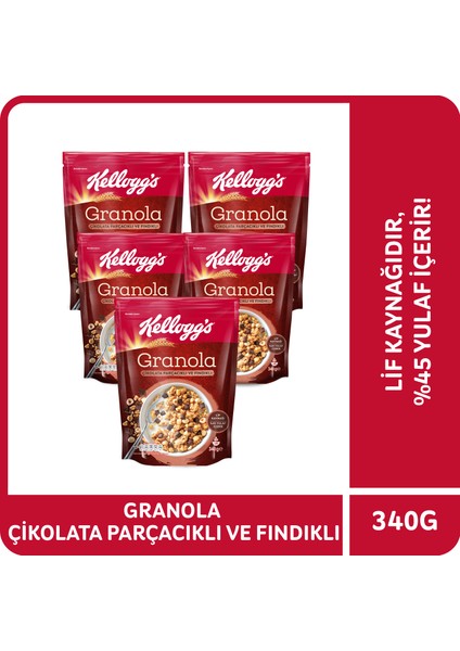 Granola Çikolata Parçacıklı ve Fındıklı 340 gr x 5 Adet, %44 Yulaf, Lif Kaynağı