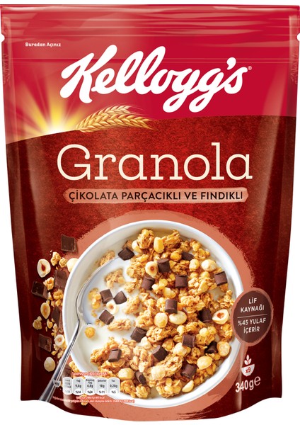 Granola Çikolata Parçacıklı ve Fındıklı 340 gr x 5 Adet, %44 Yulaf, Lif Kaynağı