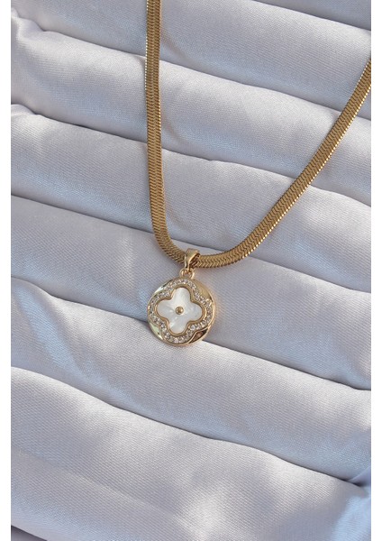 316L Çelik Italyan Zincirli Gold Renk Zirkon Taşlı Sedefli Yonca Model Kolye