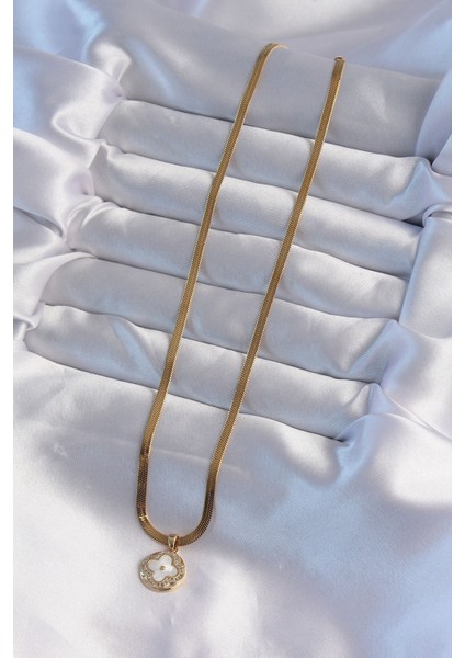 316L Çelik Italyan Zincirli Gold Renk Zirkon Taşlı Sedefli Yonca Model Kolye fiyatları