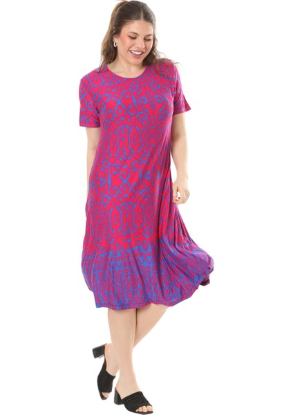 Butik Pembe Kilim Desen Kısa Kollu Büyük Beden Midi Elbise modelleri