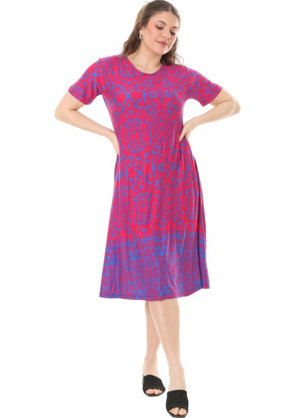 Butik Pembe Kilim Desen Kısa Kollu Büyük Beden Midi Elbise fırsatları