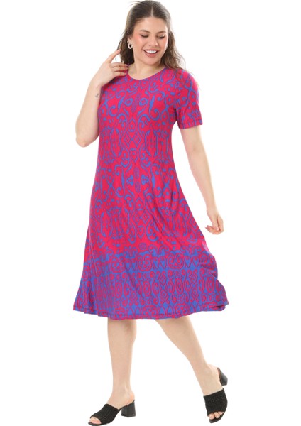 Butik Pembe Kilim Desen Kısa Kollu Büyük Beden Midi Elbise indirimleri