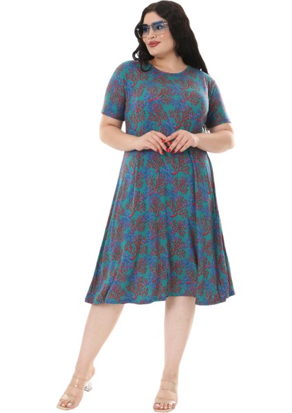 Butik Mavi Kırmızı Mercan Desen Kısa Kollu Midi Elbise