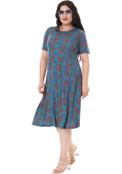 Butik Mavi Kırmızı Mercan Desen Kısa Kollu Midi Elbise