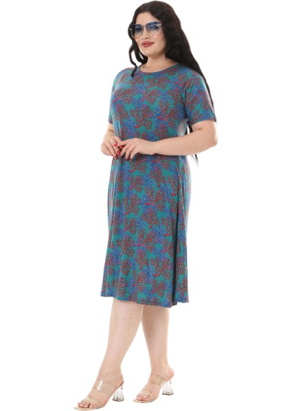 Butik Mavi Kırmızı Mercan Desen Kısa Kollu Midi Elbise