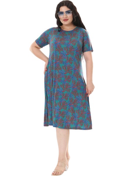 Butik Mavi Kırmızı Mercan Desen Kısa Kollu Midi Elbise