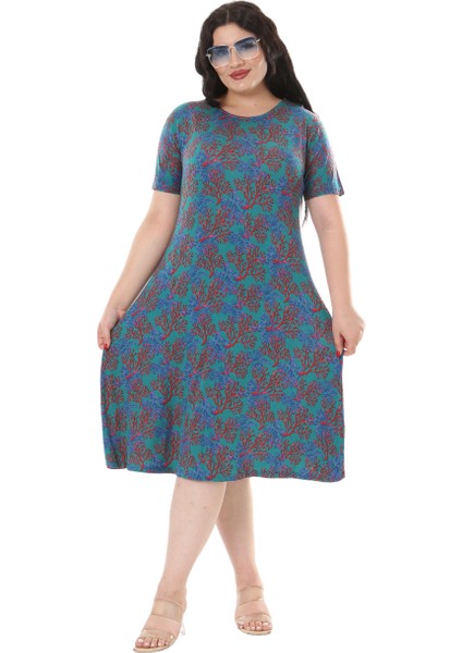 Butik Mavi Kırmızı Mercan Desen Kısa Kollu Midi Elbise