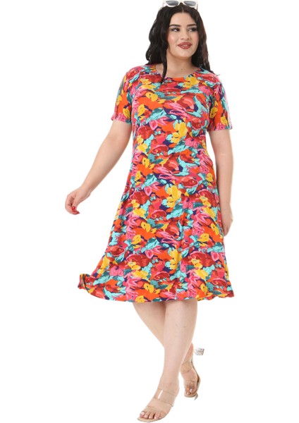 Butik Sarı Gül Desen Kısa Kollu Büyük Beden Midi Elbise modelleri