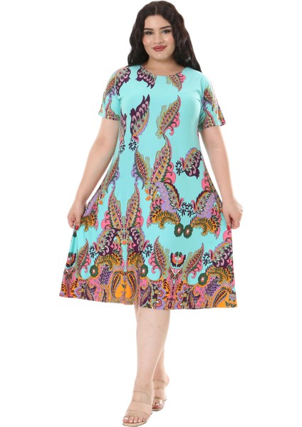 Butik Turkuaz Şal Desen Kısa Kollu Büyük Beden Midi Elbise modelleri