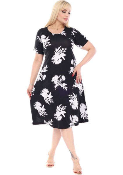 Butik Siyah Beyaz Yaprak Desen Kısa Kollu Büyük Beden Midi Elbise fiyatları