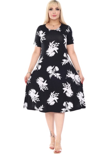 Butik Siyah Beyaz Yaprak Desen Kısa Kollu Büyük Beden Midi Elbise modelleri