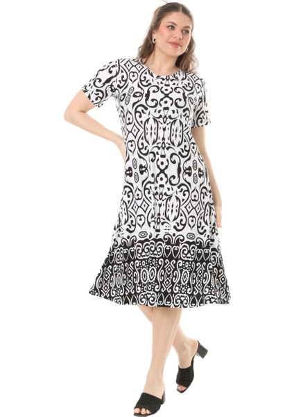 Butik Beyaz Kilim Desen Kısa Kollu Büyük Beden Midi Elbise