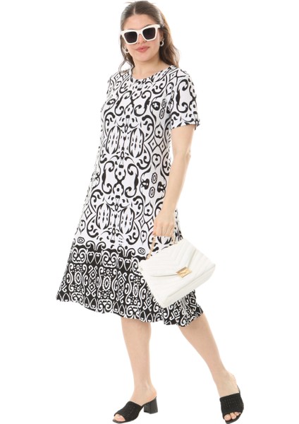 Butik Beyaz Kilim Desen Kısa Kollu Büyük Beden Midi Elbise fırsatları