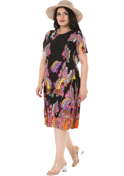 Butik Siyah Şal Desen Kısa Kollu Büyük Beden Midi Elbise