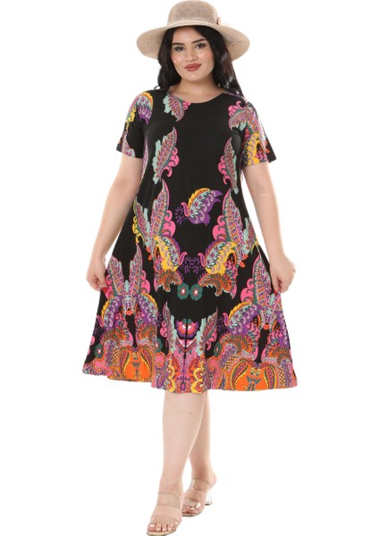 Butik Siyah Şal Desen Kısa Kollu Büyük Beden Midi Elbise