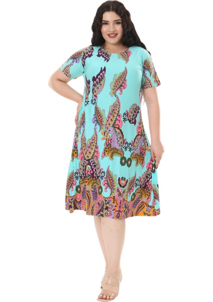 Butik Turkuaz Şal Desen Kısa Kollu Büyük Beden Midi Elbise