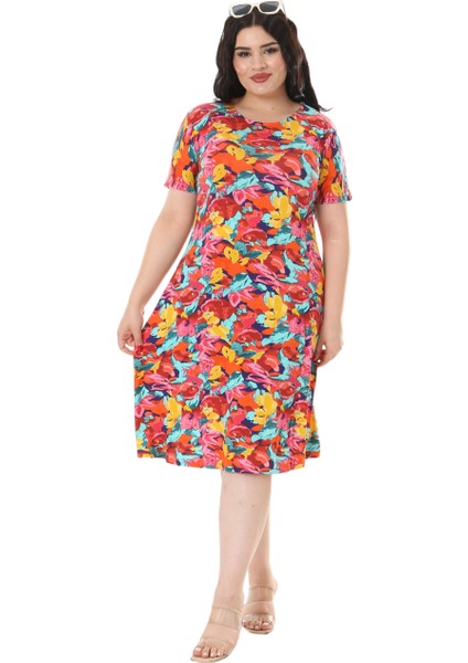 Butik Sarı Gül Desen Kısa Kollu Büyük Beden Midi Elbise fırsatları