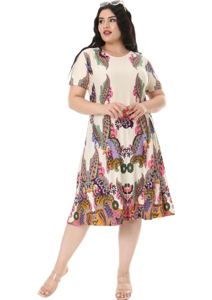 Butik Ekru Şal Desen Kısa Kollu Büyük Beden Midi Elbise