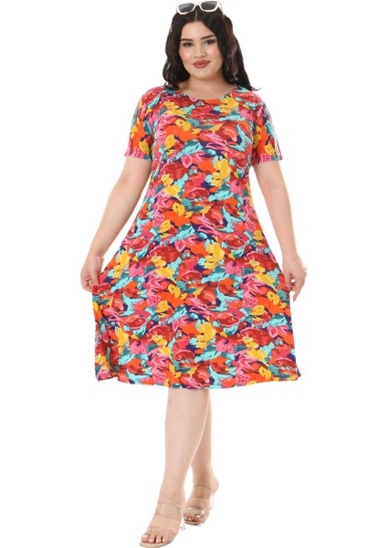 Butik Sarı Gül Desen Kısa Kollu Büyük Beden Midi Elbise indirimleri