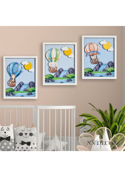 Balon Macerası 3'Lü Set | 3 Boyutlu, Çerçeveli, Ahşap, Çocuk Odası Tablo Seti | Baskı Ve El Boyaması