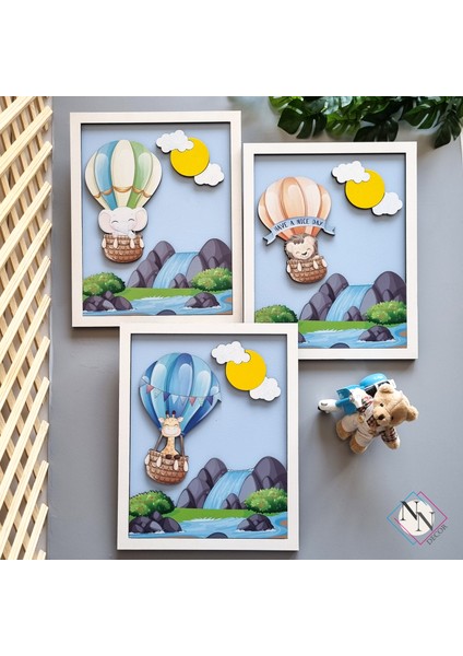 Balon Macerası 3'Lü Set | 3 Boyutlu, Çerçeveli, Ahşap, Çocuk Odası Tablo Seti | Baskı Ve El Boyaması