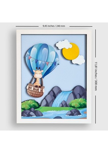 Balon Macerası 3'Lü Set | 3 Boyutlu, Çerçeveli, Ahşap, Çocuk Odası Tablo Seti | Baskı Ve El Boyaması