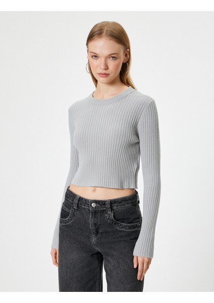 Crop Triko Kazak Bisiklet Yaka Slim Fit Uzun Kollu modelleri