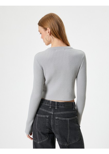 Crop Triko Kazak Bisiklet Yaka Slim Fit Uzun Kollu fırsatları