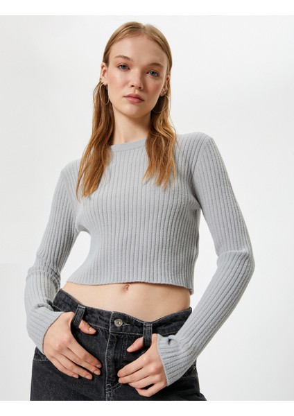 Crop Triko Kazak Bisiklet Yaka Slim Fit Uzun Kollu