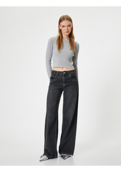 Crop Triko Kazak Bisiklet Yaka Slim Fit Uzun Kollu fiyatları