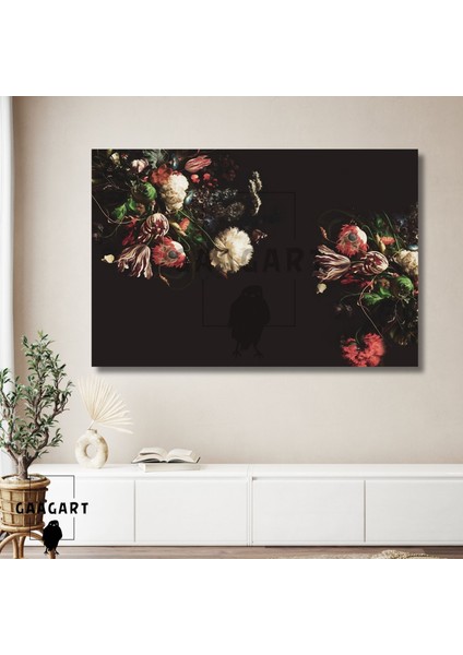 Tekli Yatay Kanvas Duvar Tablosu Siyah Fon Bitki Dizaynı