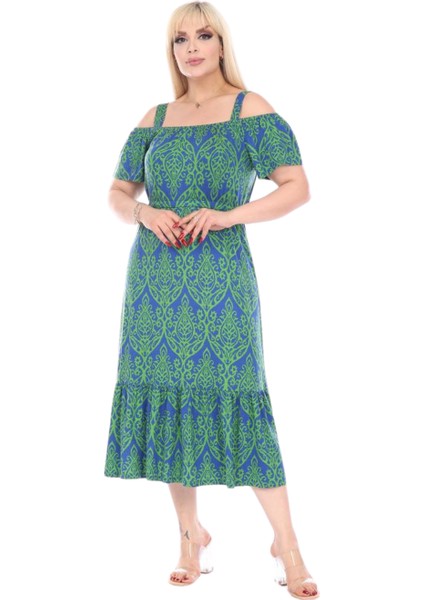 Butik Yeşil Dantel Desen Madonna Yaka Askılı Midi Elbise