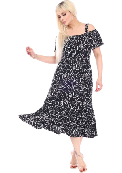 Siyah Çiçek Desen Madonna Yaka Askılı Midi Elbise