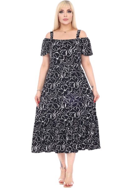 Siyah Çiçek Desen Madonna Yaka Askılı Midi Elbise fiyatları